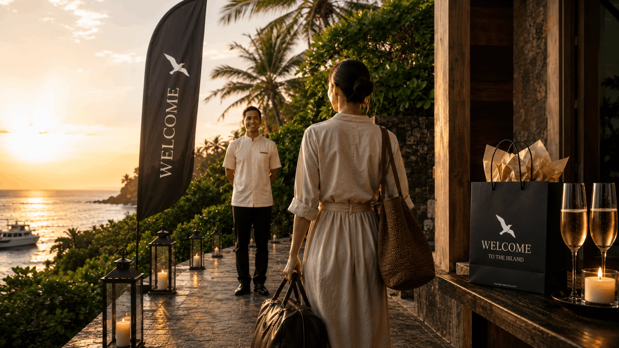 Guest welcomed at an island retreat during sunset